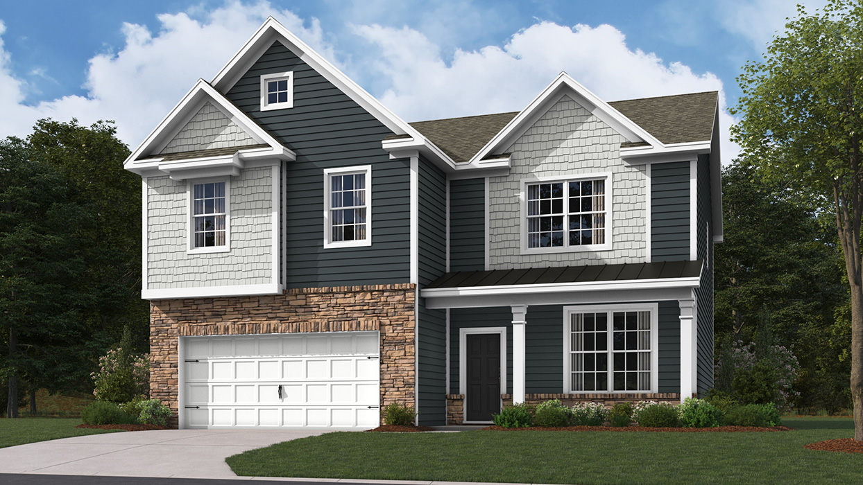 A rendering of a two-story Henley home with ironstone and sterling shake accent siding, aspen ledge stone kneewall, tricorn black front door, and aspen ledge stone siding surrounding a white two car garage.