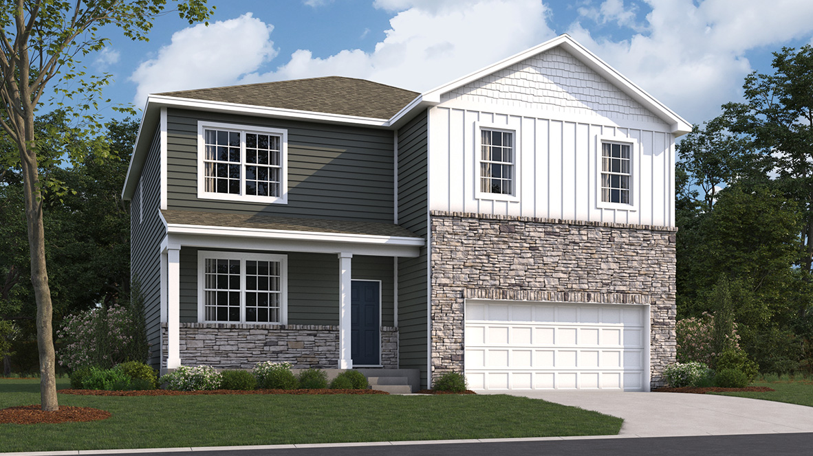 A rendering of a two-story Henley home with white and dark greenish brown siding, stone kneewall, and stone surrounding a white two car garage.