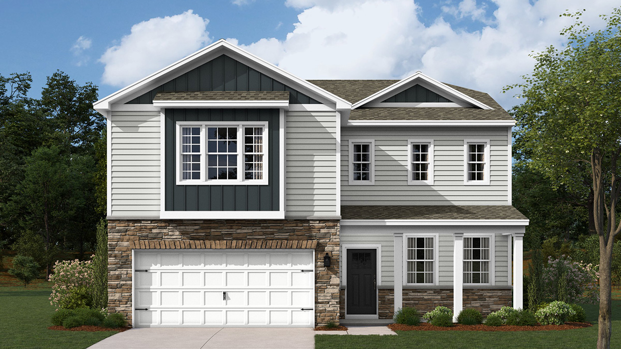 A rendering of a two-story Galen home with sterling siding, ironstone board and batten accent siding, dakota ledge stone kneewall, and dakota ledge stone siding surrounding a white two car garage.