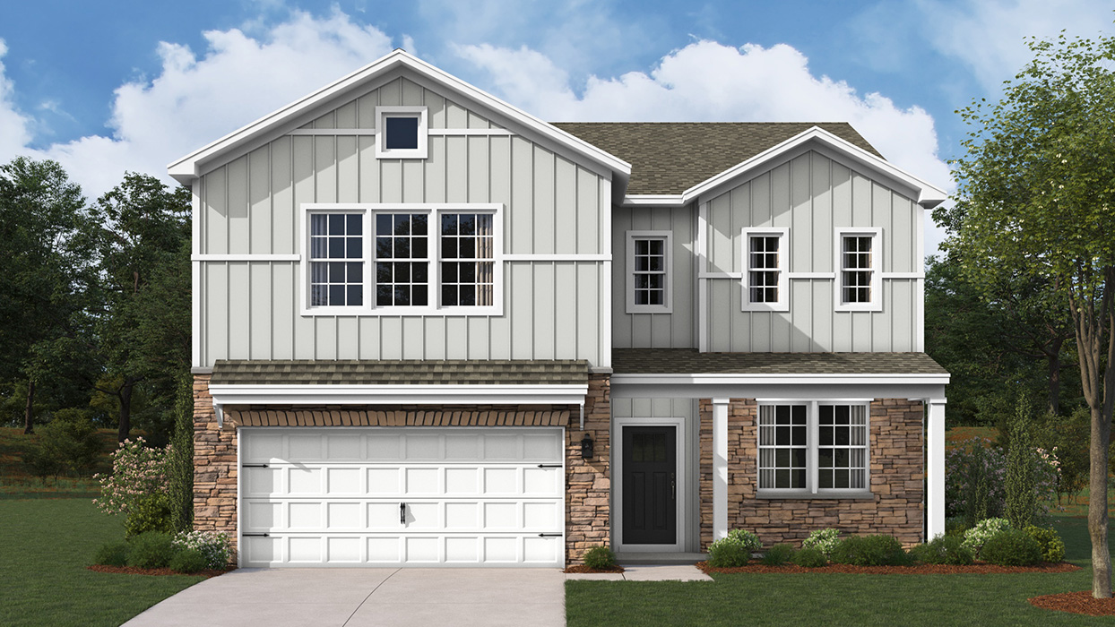 A rendering of a two-story Galen home with sterling board and batten accent siding, white trim, and aspen ledgestone siding surrounding the first floor entrance and around a white two car garage.