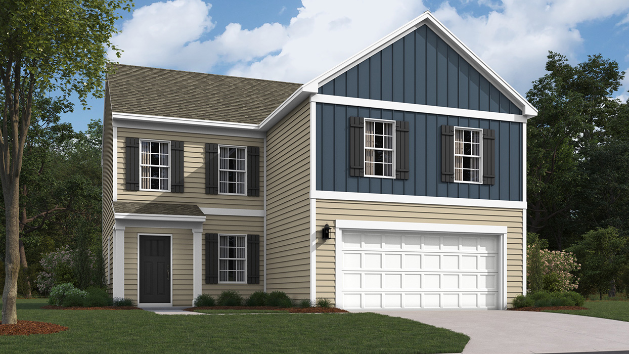 A rendering of a Deerfield home with wicker primary siding, midnight surf board and batten accent siding, and a white two car garage.