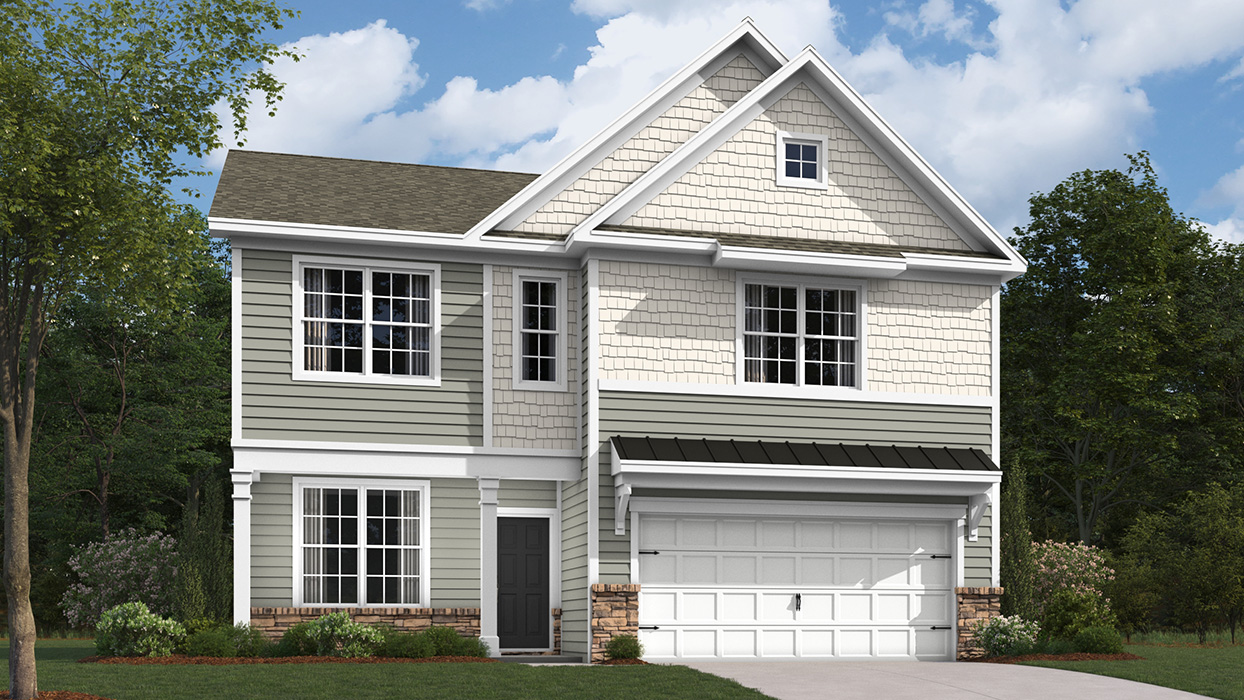 A rendering of a two-story Penwell home with flagstone siding and linen shake accent siding, aspen ledge stone kneewall, and a white two car garage.