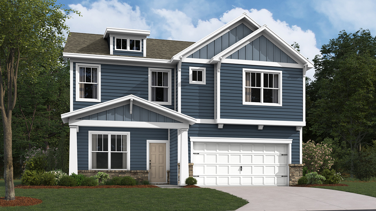 A rendering of a two-story Penwell home with midnight  siding and storm board and batten accent siding, aspen ledge stone kneewall, portico front door, and a white two car garage.