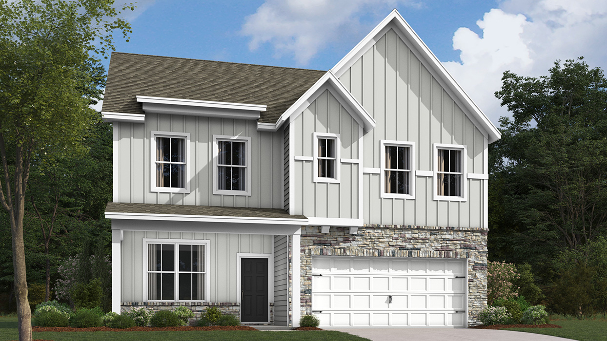 A rendering of a two-story Penwell home with sterling board and batten siding, champagne ledge stone kneewall, and champagne stone siding surrounding a white two car garage.