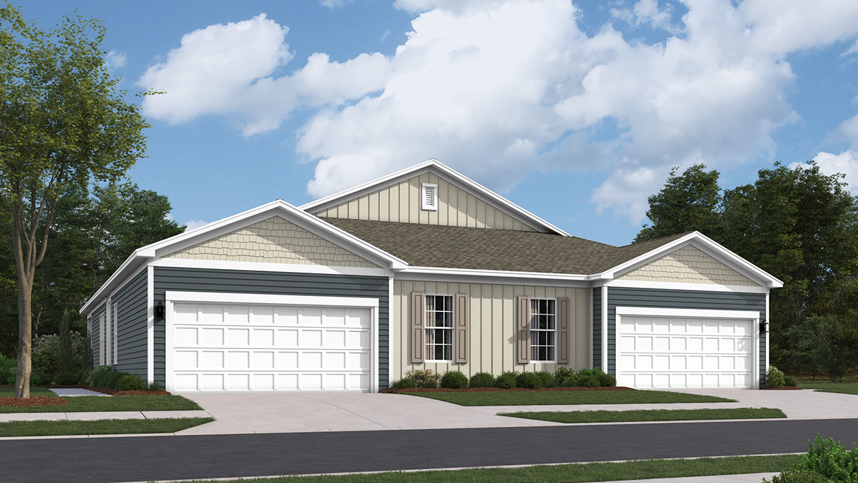 A rendering of a Burlington plan single story home in riverway dark gray color siding, sand board and batten and shake accent siding, and white single garage door.