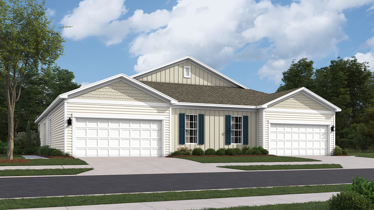A rendering of a Burlington plan two-story home and white garage