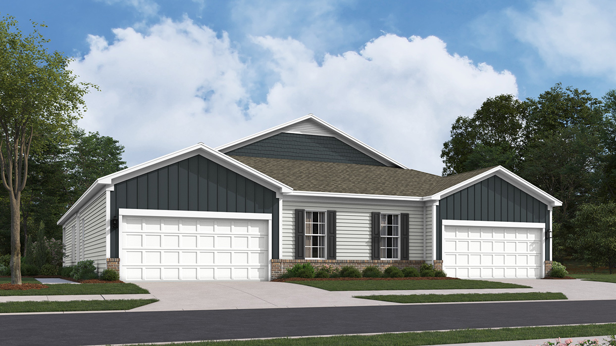 A rendering of a Burlington plan single story home in sterling light gray color siding, ironstone board and batten and shake accent siding, brick knee wall, and white single garage door.