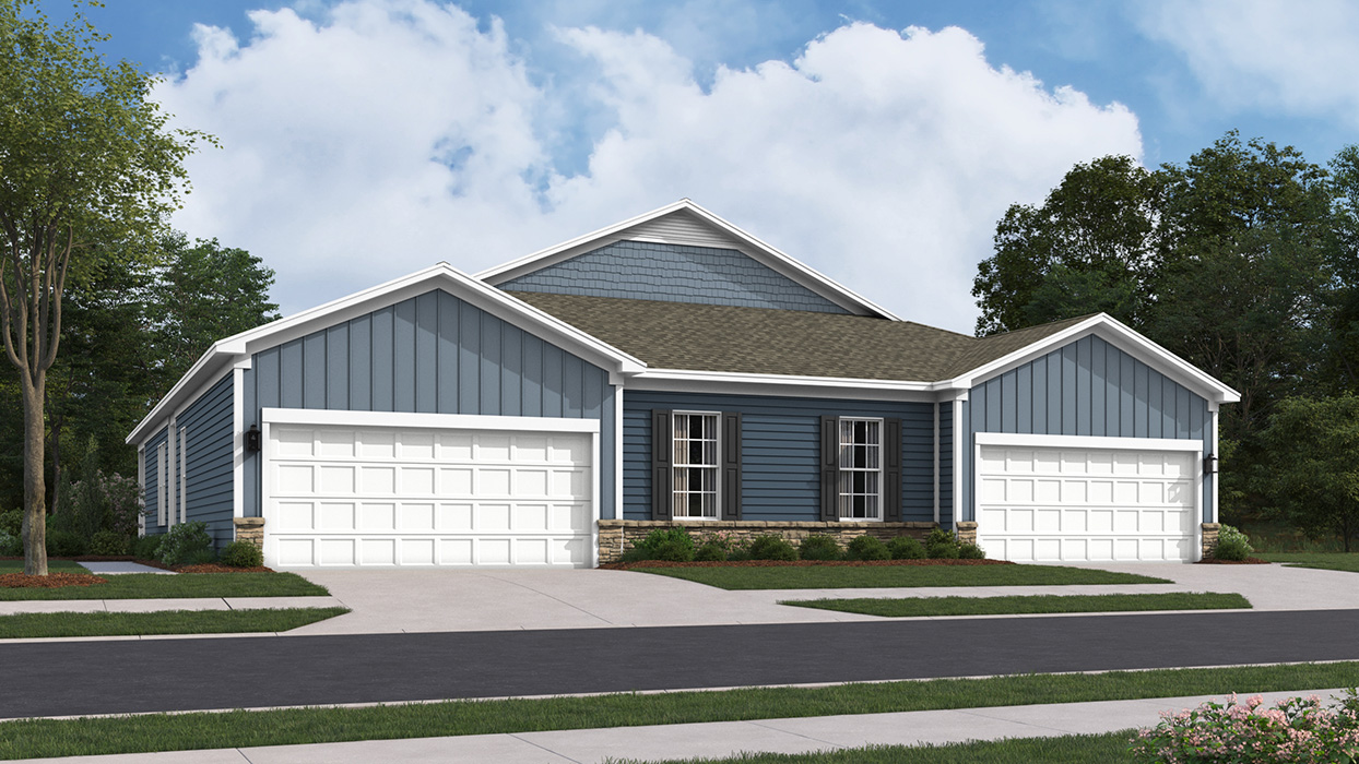 A rendering of a Burlington plan two-story home in midnight surf color siding, aspen ledgestone, storm board and battent accent siding, and white garage door.
