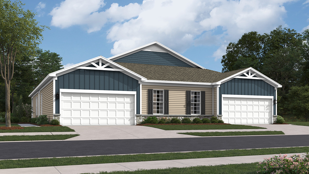 Burlington plan single-story twin home in midnight surf and tan siding, black shutters, and white garage door.