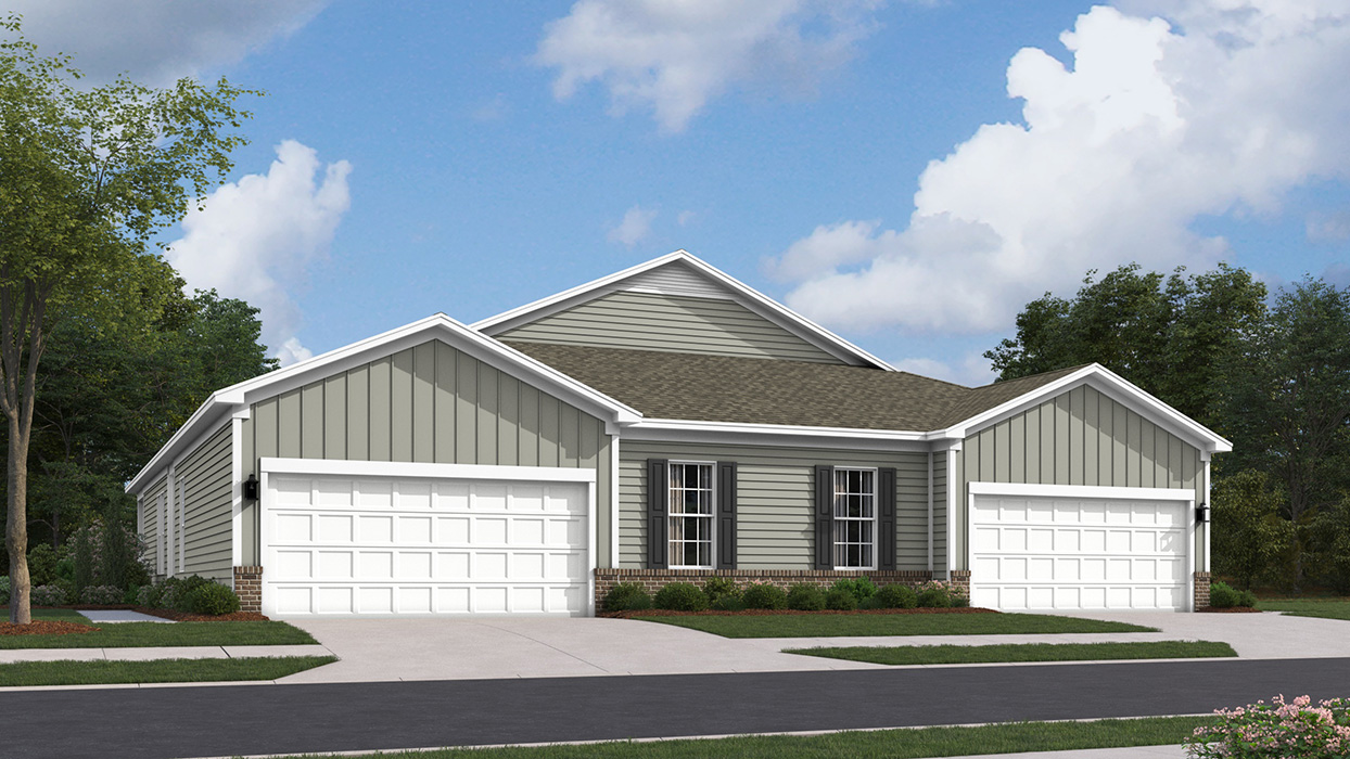 A rendering of a Burlington plan single story home in flagstone medium gray color siding, flagstone board and batten and shake accent siding, brick knee wall, and white single garage door.