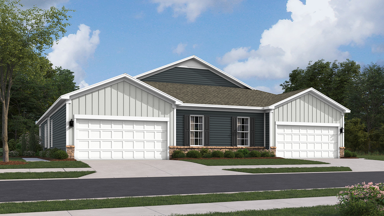 A rendering of a Burlington plan two-story home and white garage door.