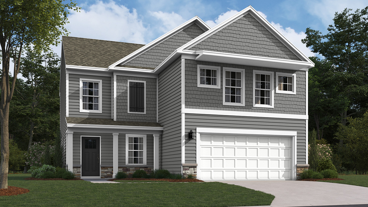 A rendering of a Deerfield home with rockslide primary siding, rockslide shake accent siding, champagne ledge stone kneewall, and a white two car garage.