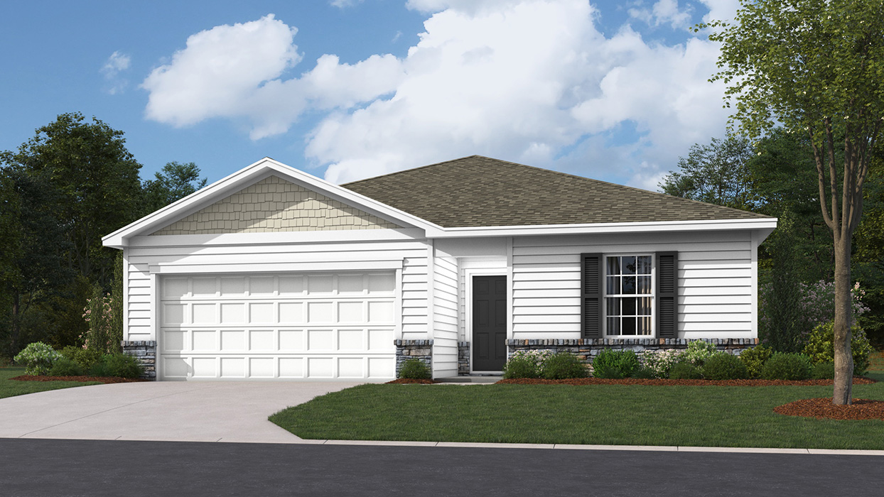 A Neuville exterior rendering with white siding, sand shake accent siding, dakota ledgestone kneewall, black shutters, and a white garage door.