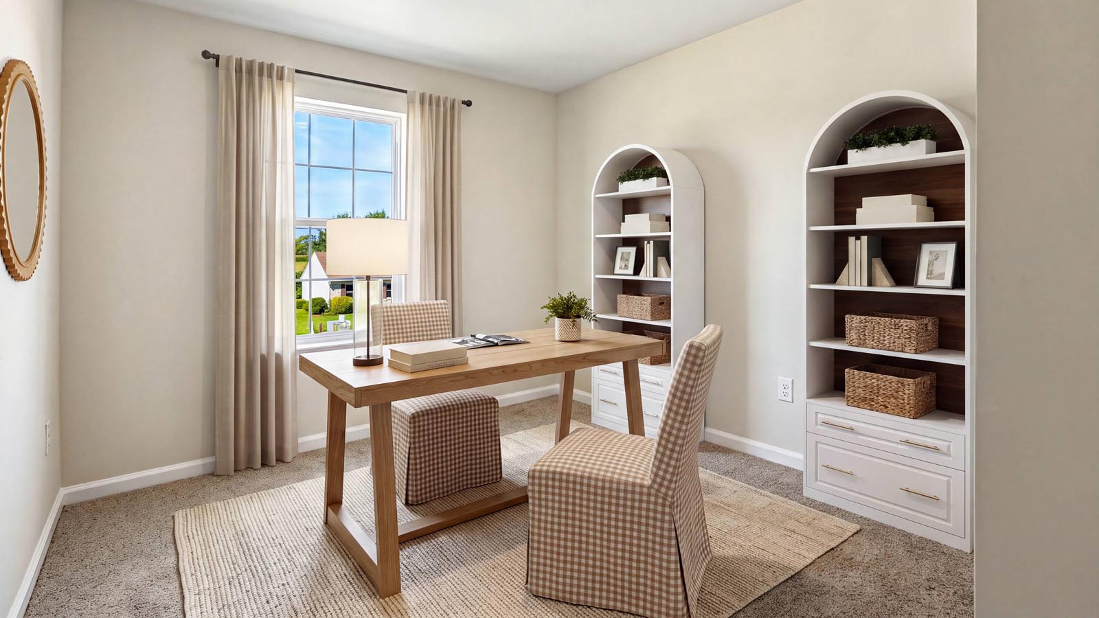 third bedroom staged as home office with one window