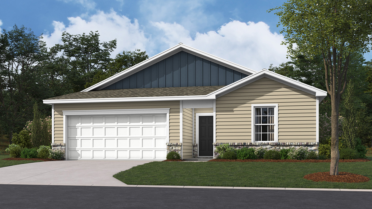A Neuville exterior rendering with wicker siding, midnight board and batten accent siding, champagne ledgestone kneewall, and a white garage door.