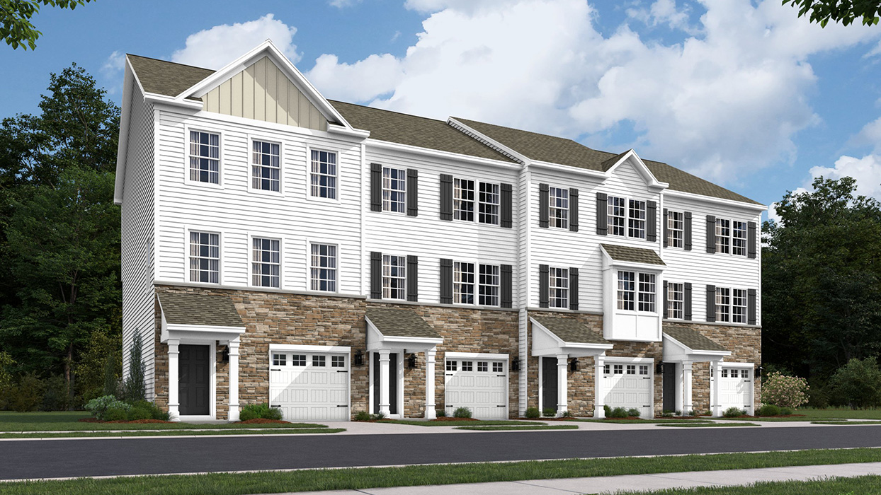 A rendering of four connecting Lafayette townhomes with dakota ledgestone and white horizontal siding and a white single car garage.