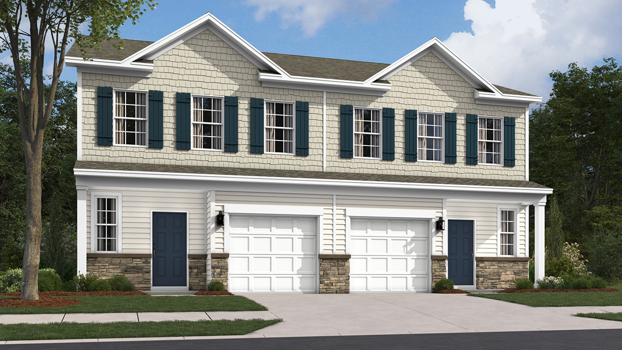 A rendering of the Charleston two story townhome with linen vertical and sand shake siding, aspen ledgestone kneewall, midnight blue shutters, and a white single car garage.