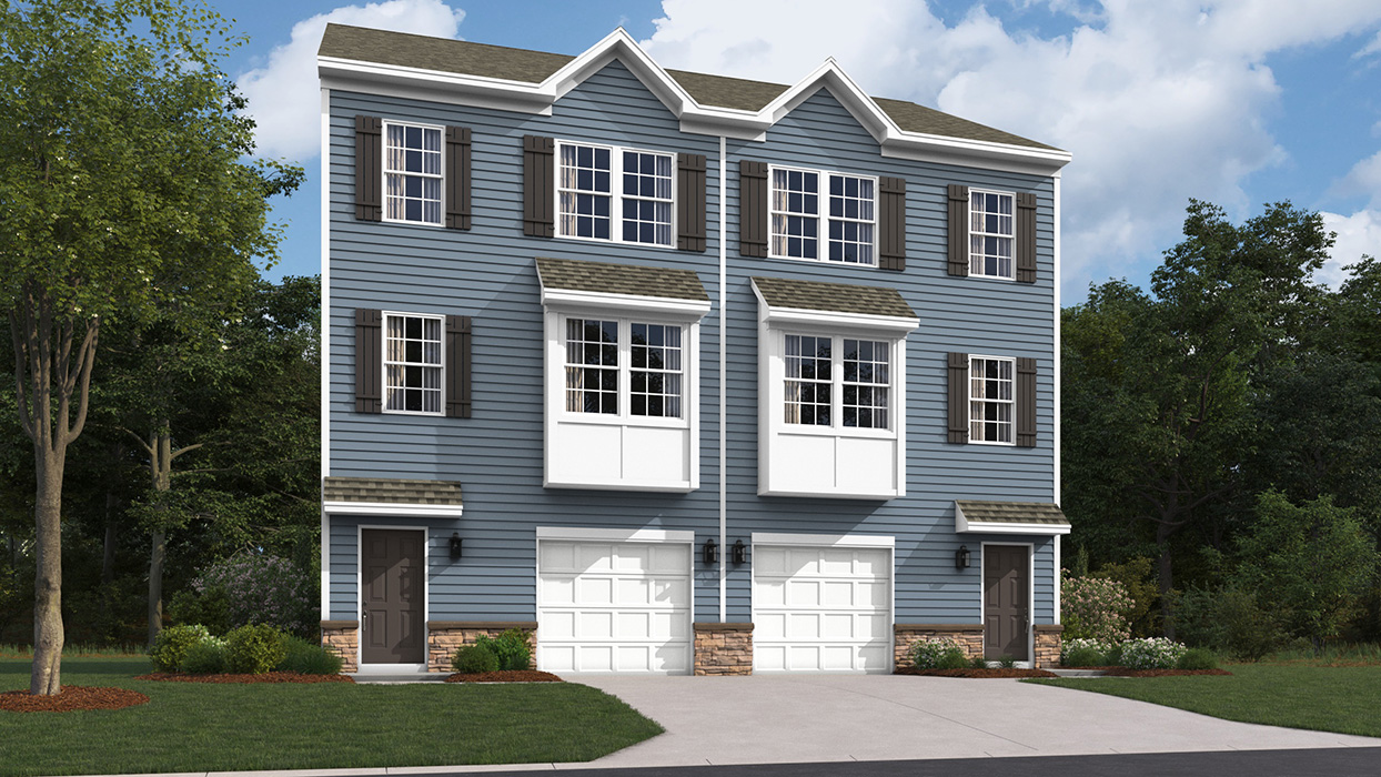 A rendering of two connecting townhomes with storm colored siding, musket brown shutters, aspen ledgestone kneewall, beatrix brown front door, and a white single car garage.