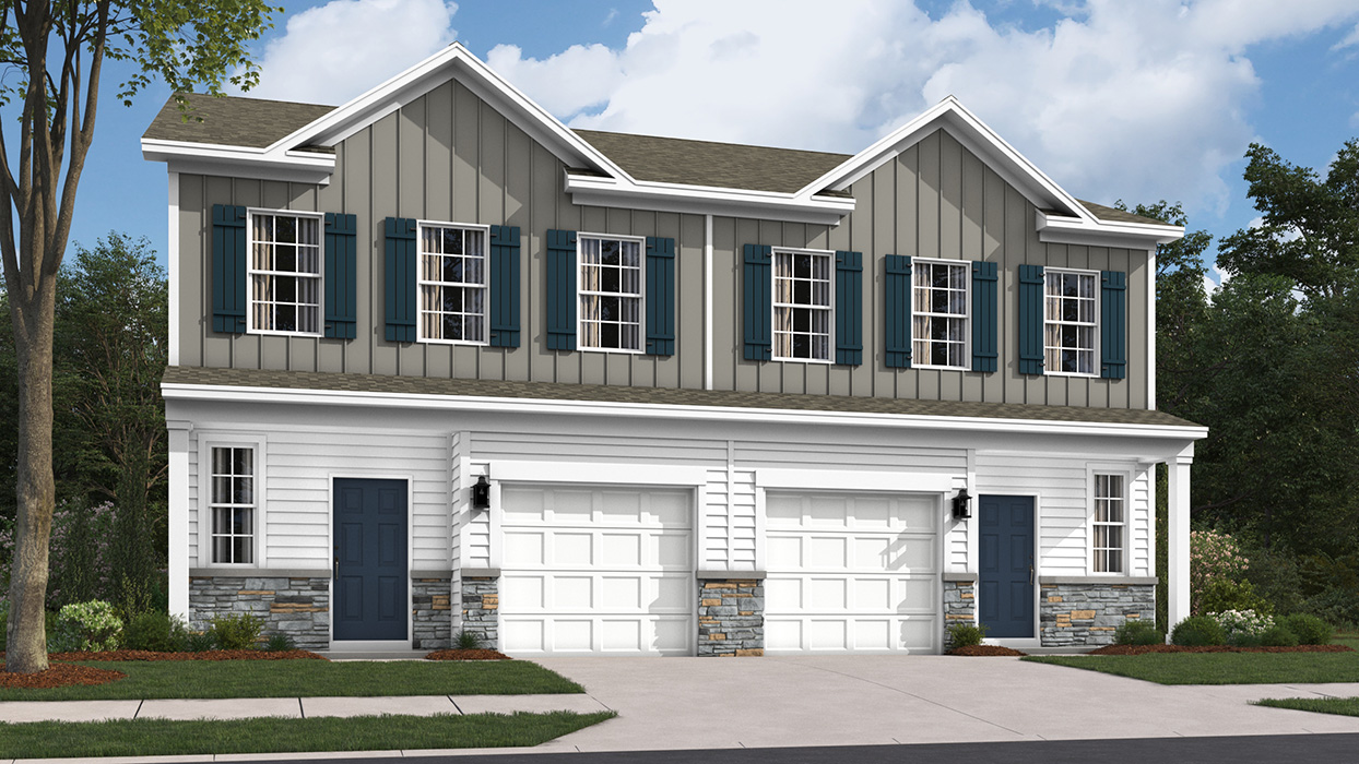 A rendering of the Charleston two story townhome with white vertical and harvard slate board and batten siding, PA sierra ledgestone kneewall, midnight blue shutters, and a white single car garage.
