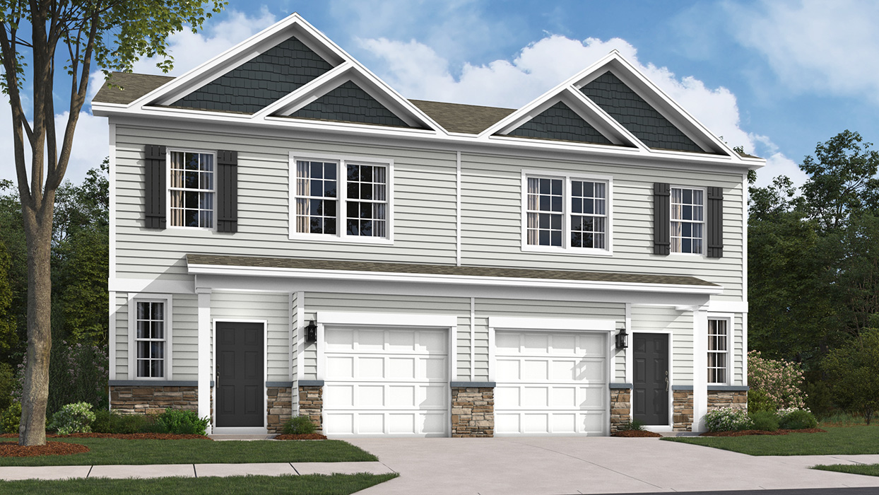 A rendering of the Charleston two story townhome with sterling siding, ironstone shake accent siding, dakota ledgestone kneewall, black shutters, and a white single car garage.