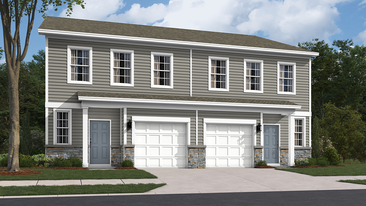 A rendering of the Charleston two story townhome with harvard slate siding, PA sierra ledgestone kneewall, storm cloud color front door, and a white single car garage.
