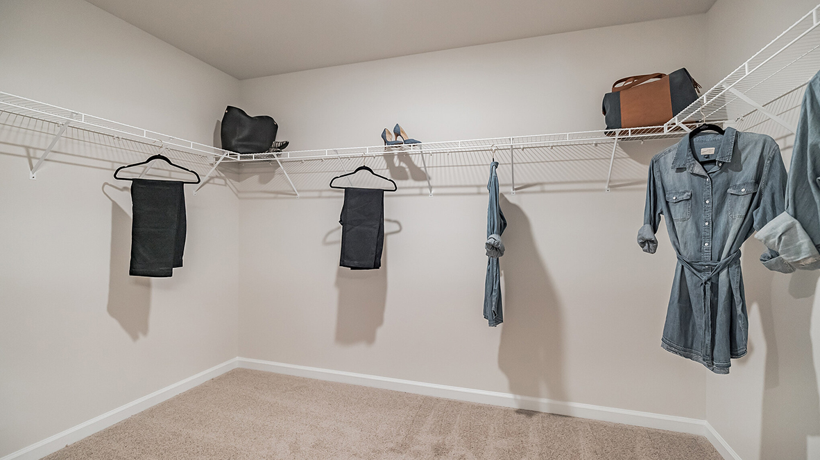Large connecting closet off the primary bath with racks and shelves.