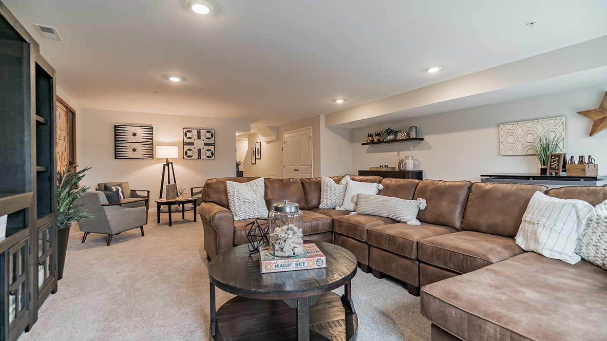Recreation room with the optional double door utility room in the back corner.