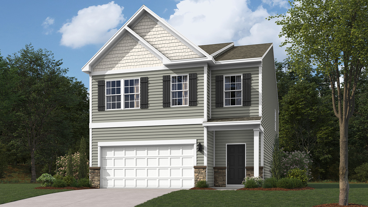 A rendering of the Crofton two story home with flagstone siding, linen shake accent siding, black shutters, aspen ledgestone kneewall, and a white two car garage.