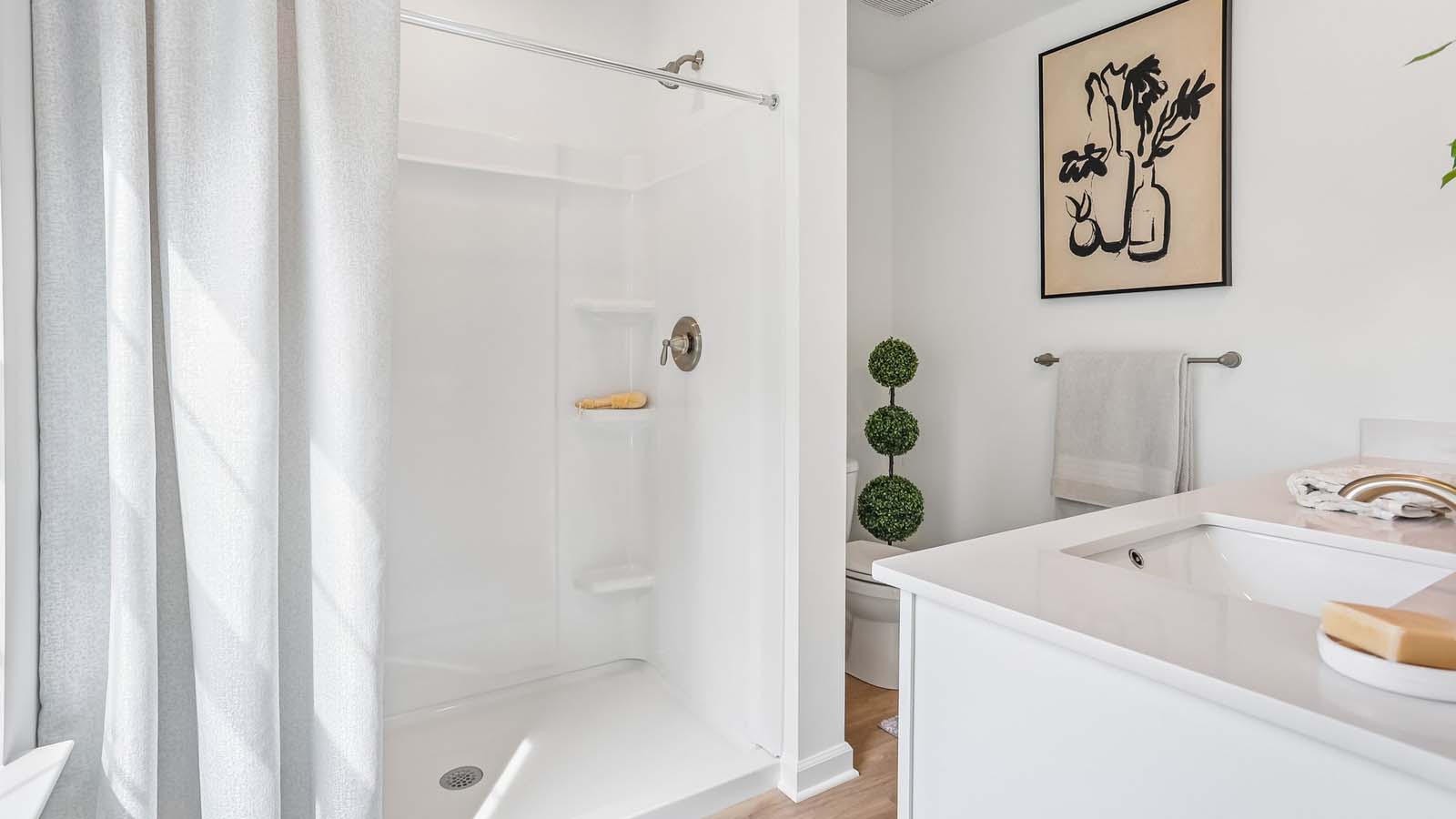Primary bathroom with double bowl vanity, shower and toilet across