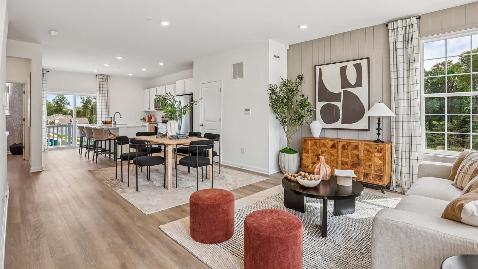 Living area with a look back towards the dining and kitchen area