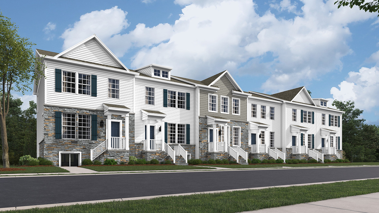 A rendering of the Norris plan 6-unit townhome building with white siding, harvard slate shake accent siding, midnight blue shutters, and a naval blue front door