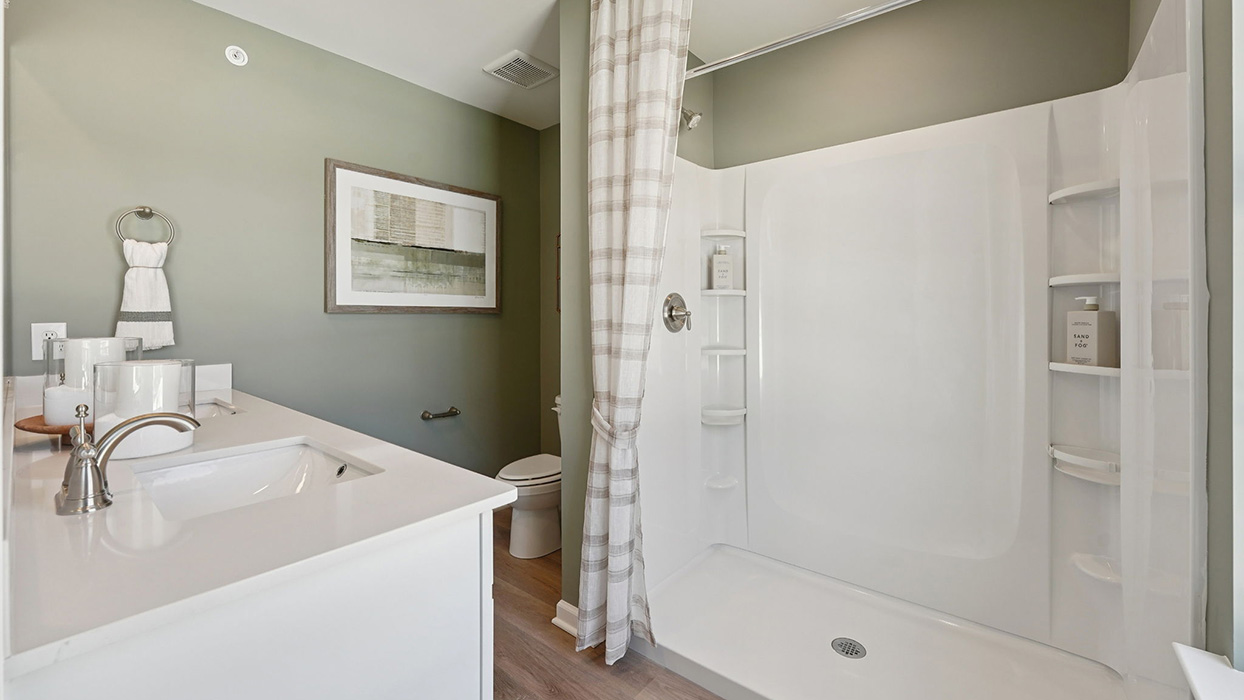Primary bathroom with single sink vanity, walk-in shower with shelving, and neutral finishes