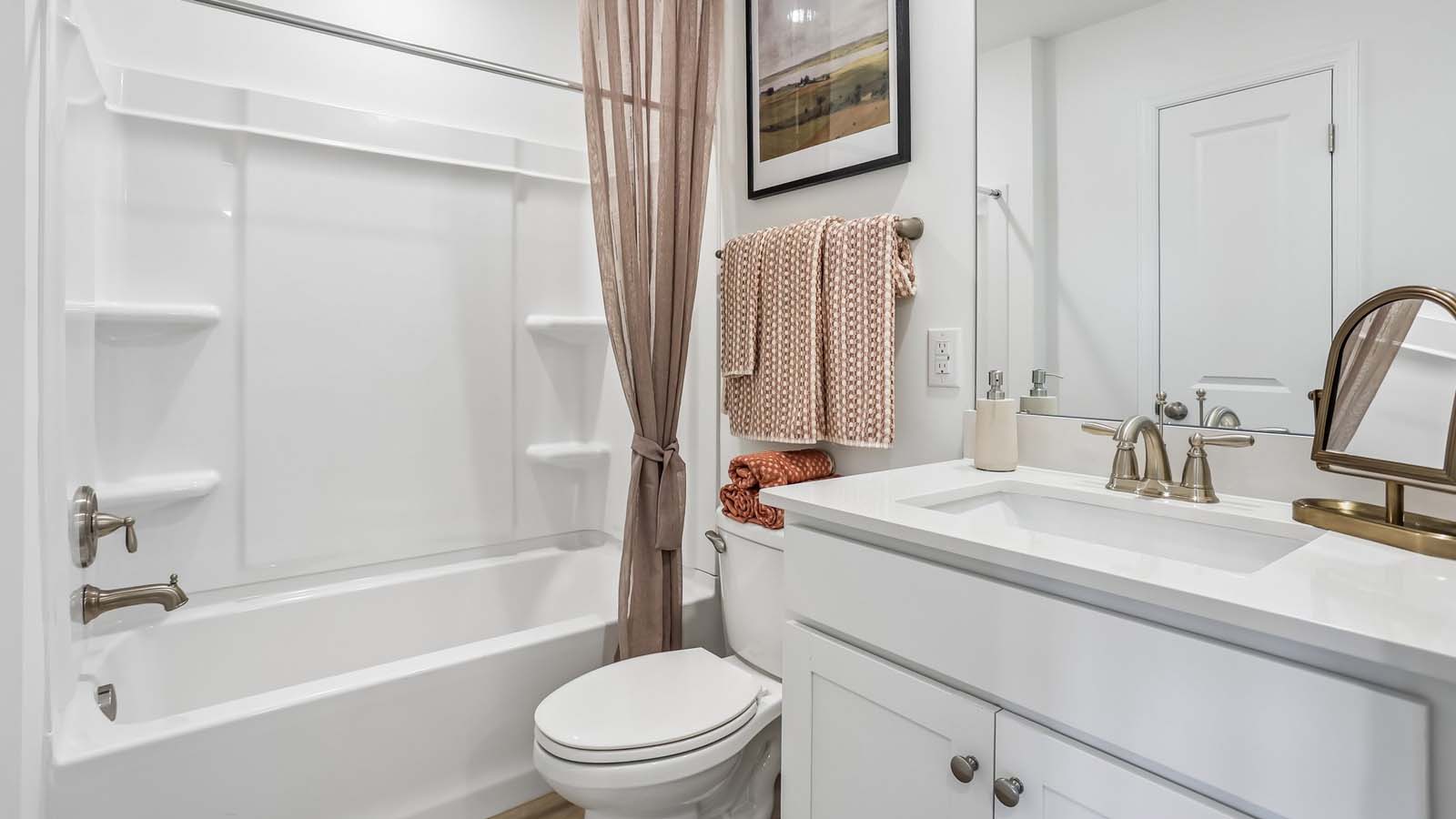 Secondary bathroom with single sink white vanity and tub shower