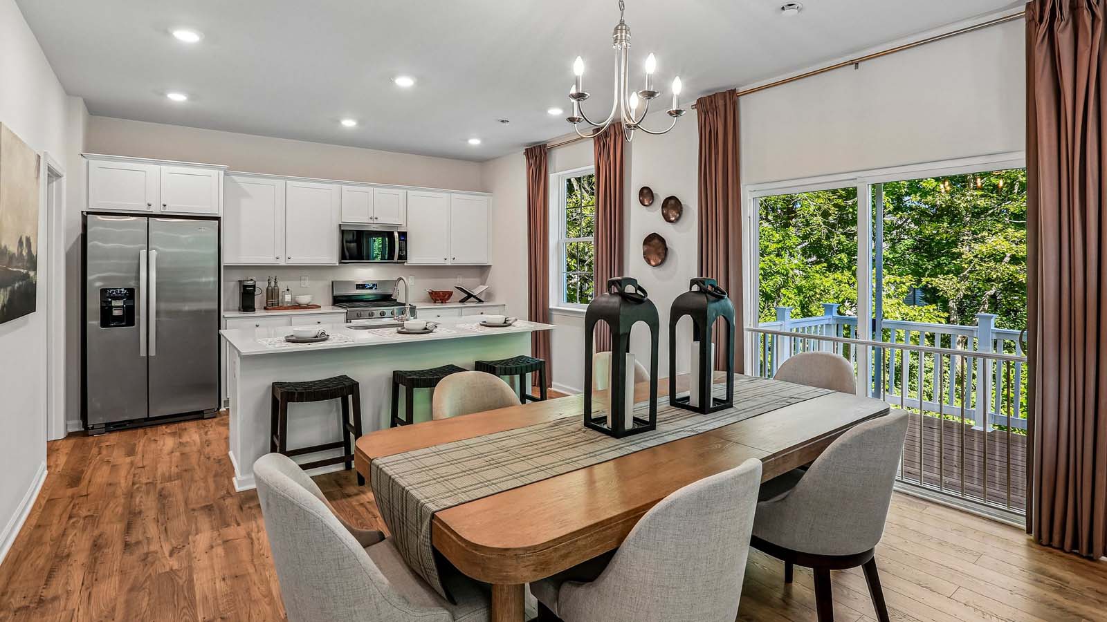 The dining space flows into the kitchen.