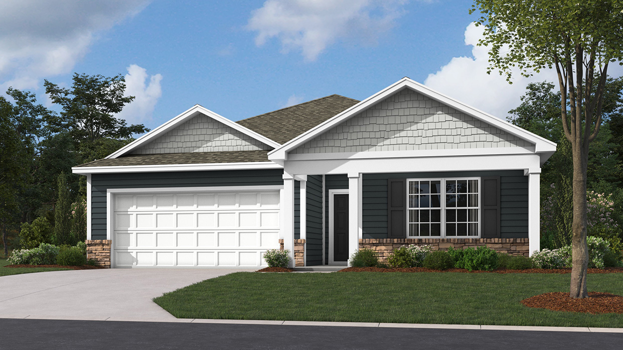 A Neuville exterior rendering with ironstone siding, sterling shake accent siding, black shutters, aspen ledgestone kneewall, and a white garage door.