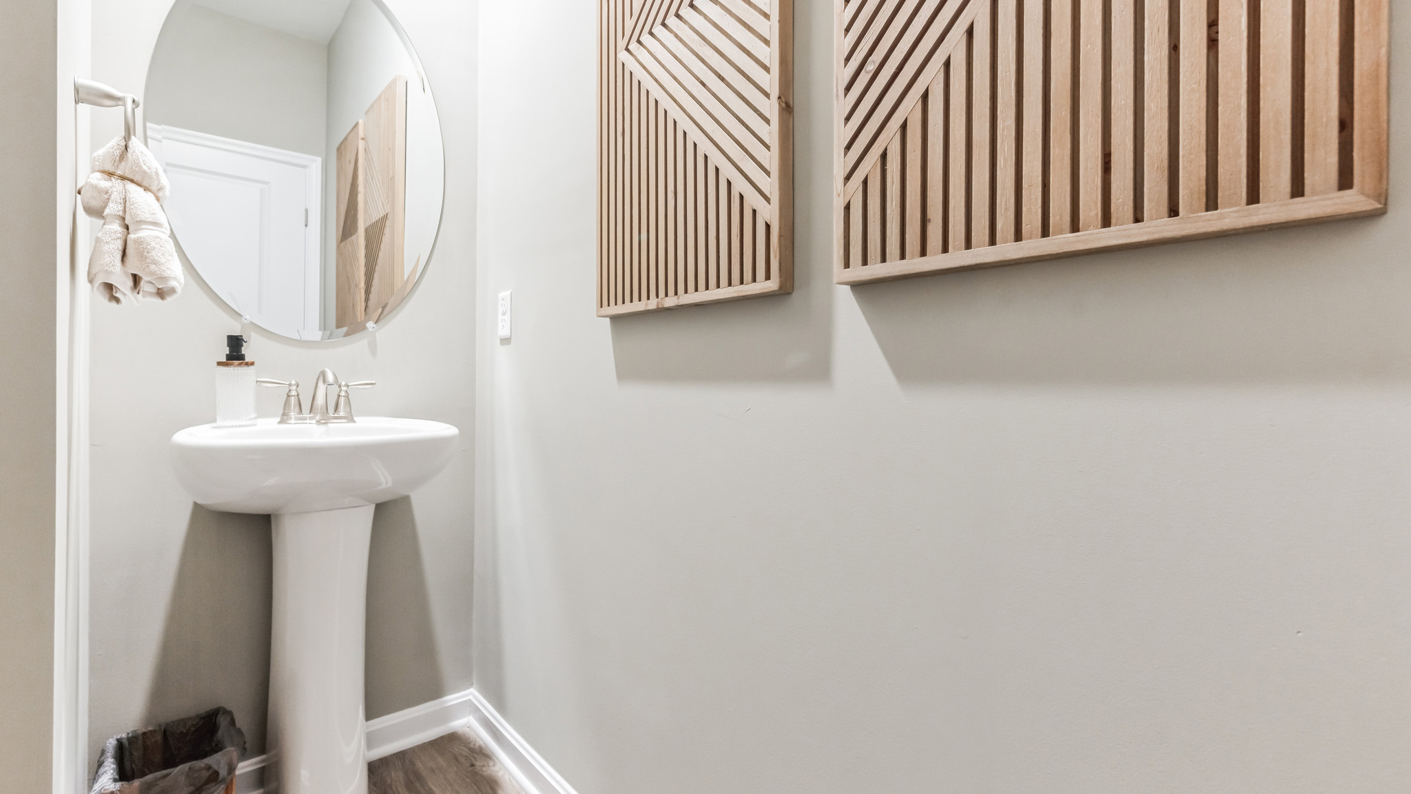 The first floor also offers a powder room.