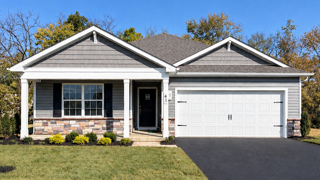 A Neuville exterior rendering with ironstone siding, sterling shake accent siding, black shutters, aspen ledgestone kneewall, and a white garage door.