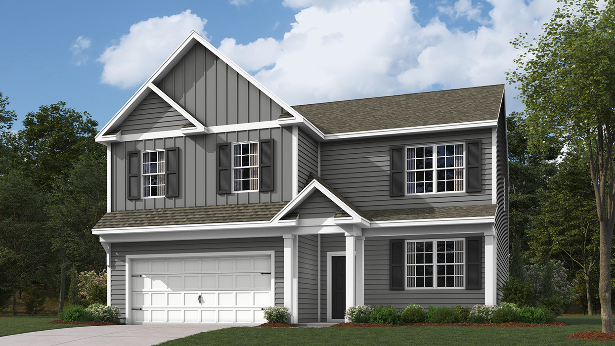A rendering of a two-story Henley home with rockslide color siding and batten accent siding, black shutters, white two car garage, and a tricorn black front entrance.
