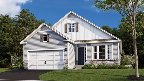 Laurel plan single-story home in light gray siding, white board and batten accent siding, stone kneewall, and white two car garage door.