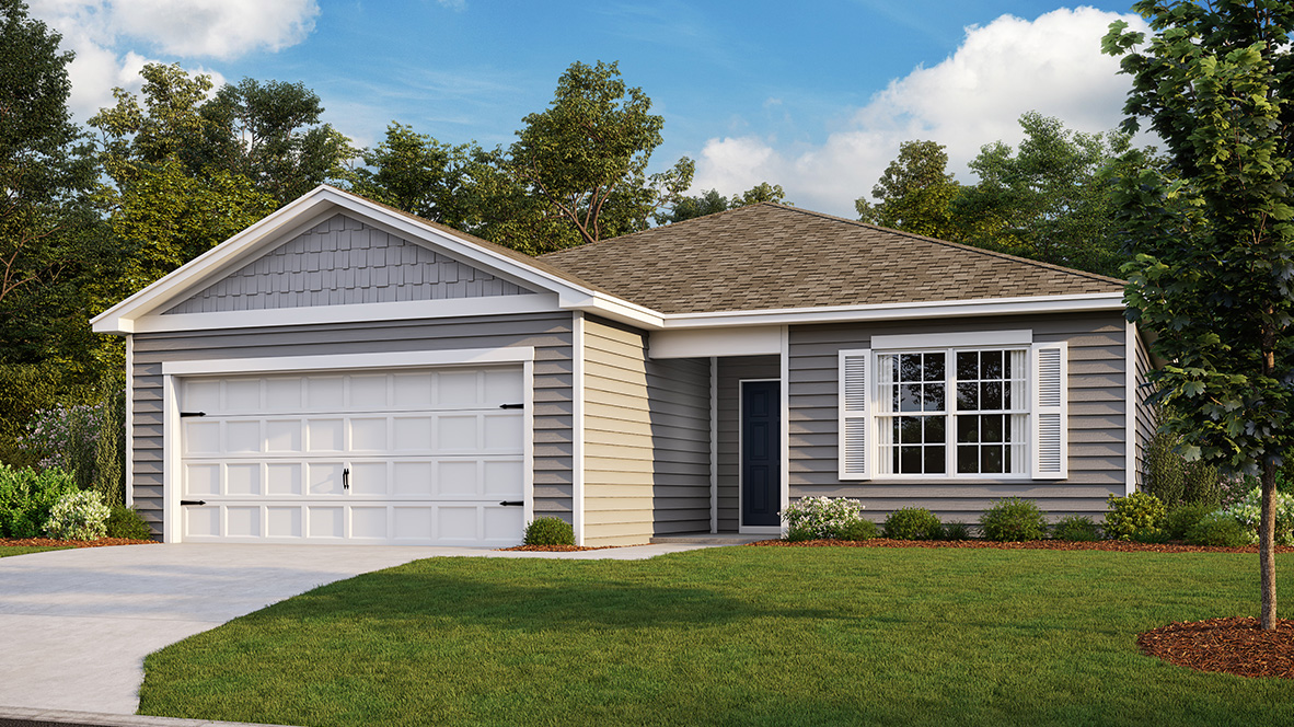 Lismore plan single-story home in light gray siding, light gray shake style accent siding, white shutters, and a white two car garage door.