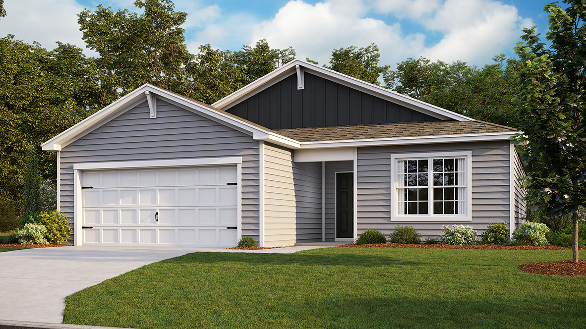 Lismore plan single-story home in light gray siding, charcoal gray board and batten accent siding, and a white two car garage door.