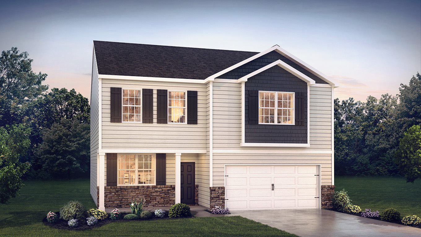 Exterior image of a two story gray and navy blue paneling house with white two car garage.