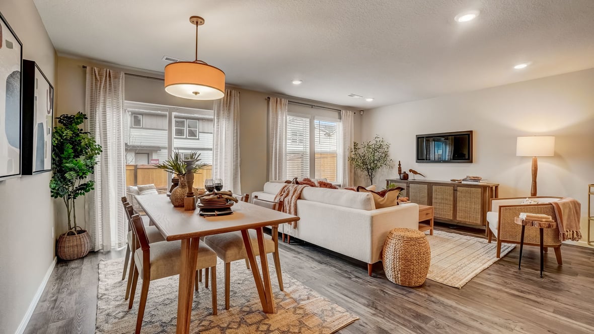 Great room with laminate flooring