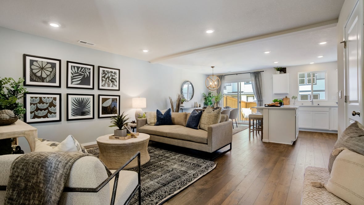 Great room with laminate flooring