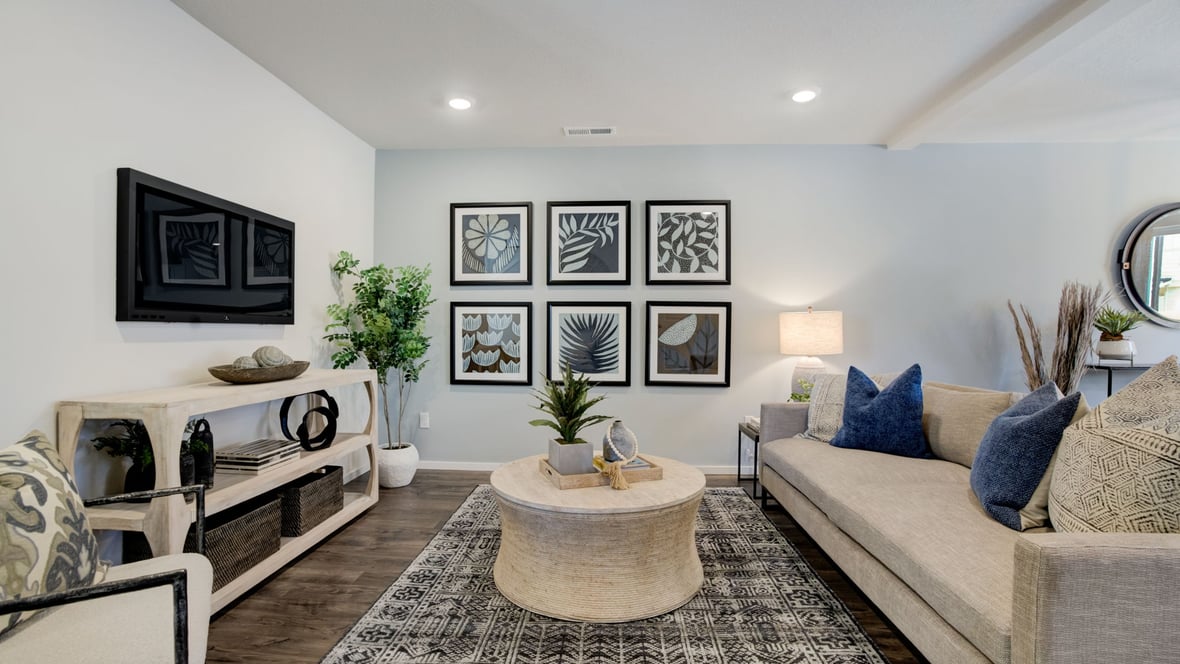 Great room with laminate flooring