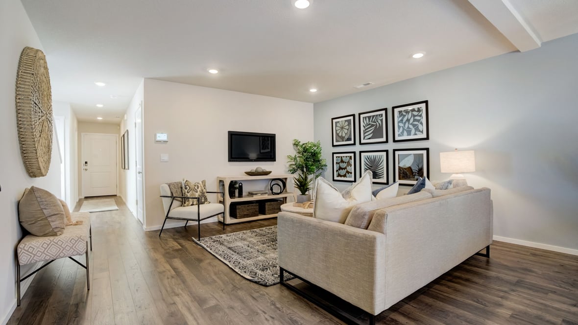 Great room with laminate flooring