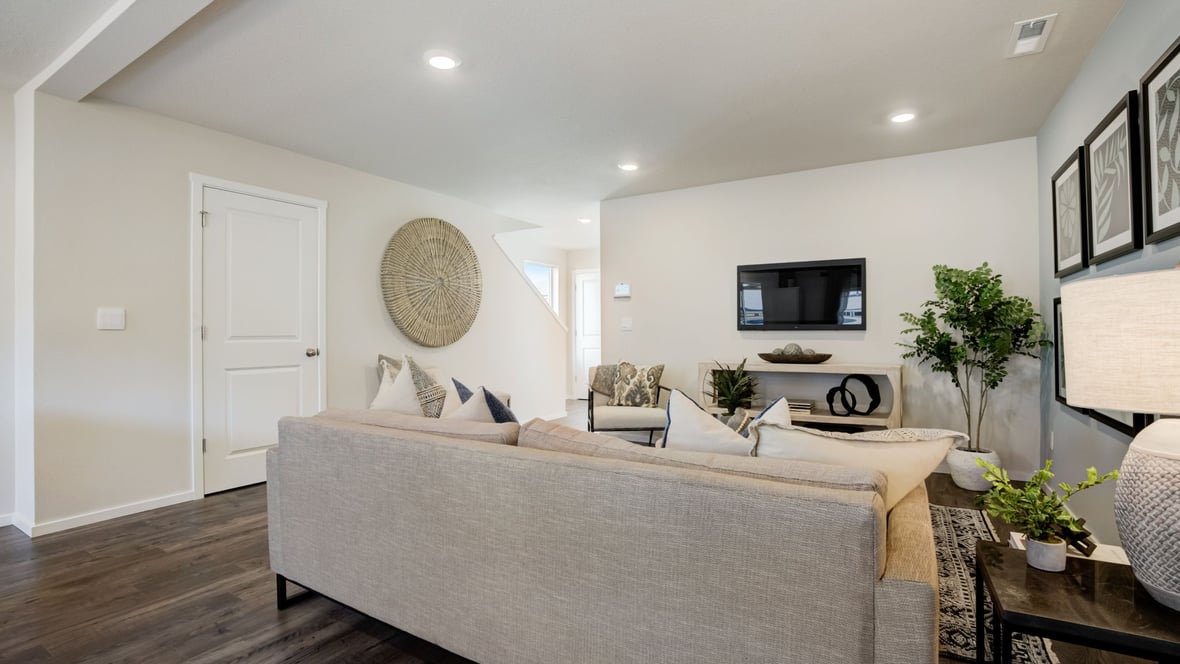 Great room with laminate flooring