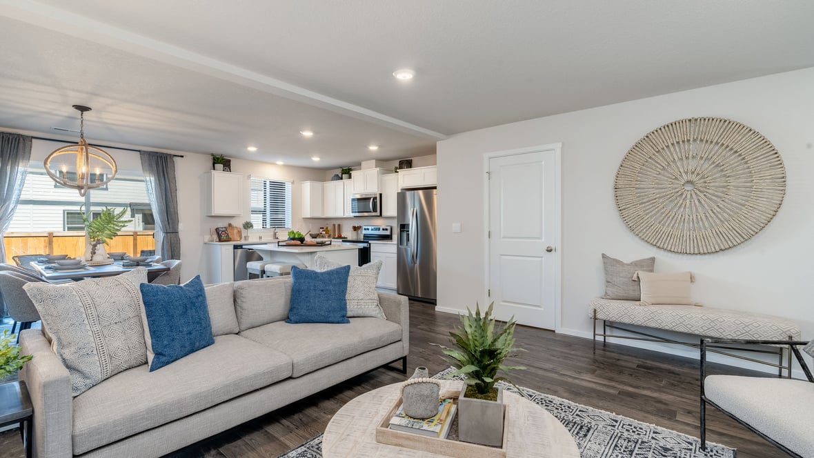 Great room with laminate flooring