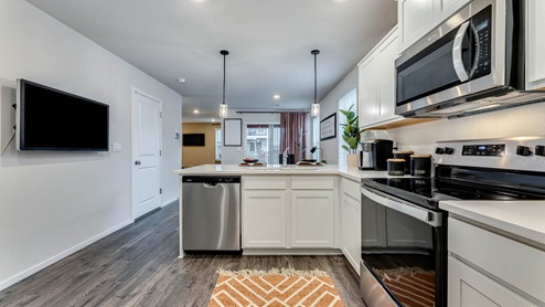 u-shaped kitchen with stainless steel appliances, quartz countertops, and a full size pantry