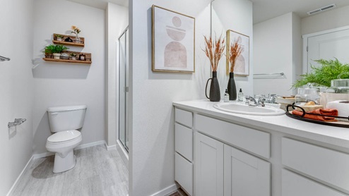 primary bathroom with walk-in shower and double wide vanity with quartz countertops